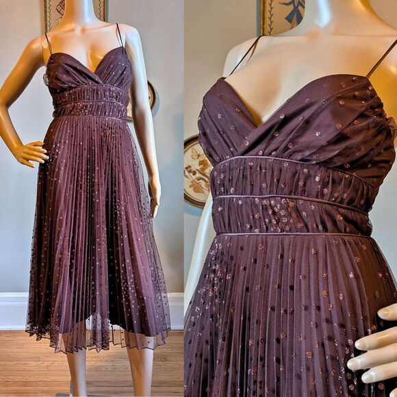 Vintage 90s Betsey Johnson Mesh Dress Brown Metallic Polka Dot Whimsigoth Size 8 - Picture 1 of 12